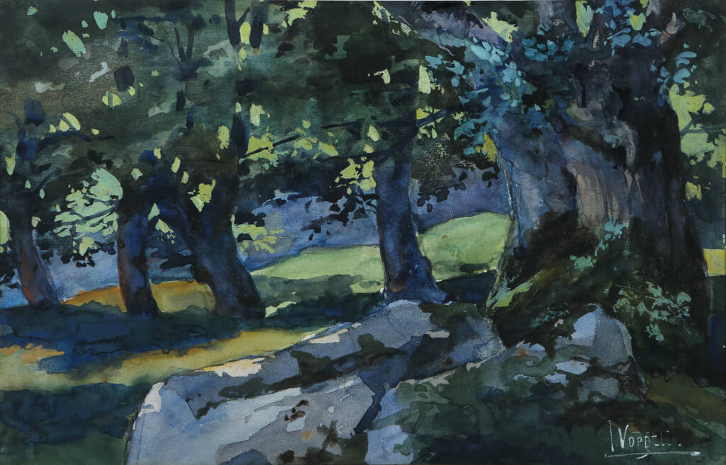 Ambiance forêt, début du xxe siècle, aquarelle sur papier, 15 x 23 cm.