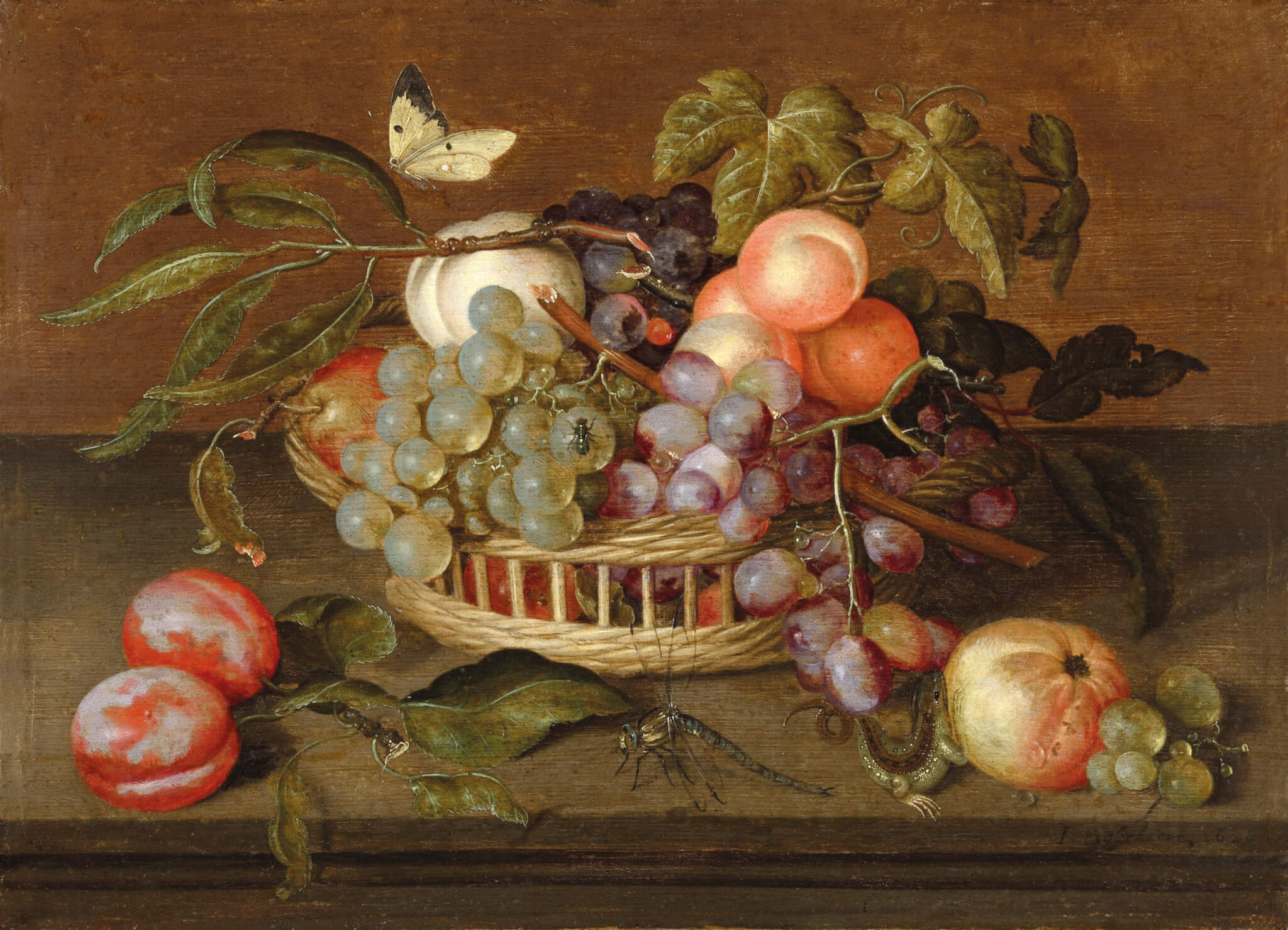 Johannes Bosschaert (Middelburg 1606-1629 Dordrecht), Panier de fruits avec insectes & un lézard, huile sur toile. © DR
