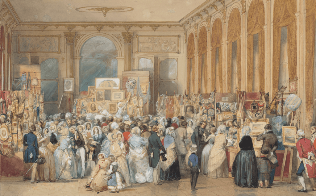'Vente de charité pour les victimes de Guadeloupe dans le Grand Salon du Palais Royal à Paris' par Eugène-Louis Lami. © DR