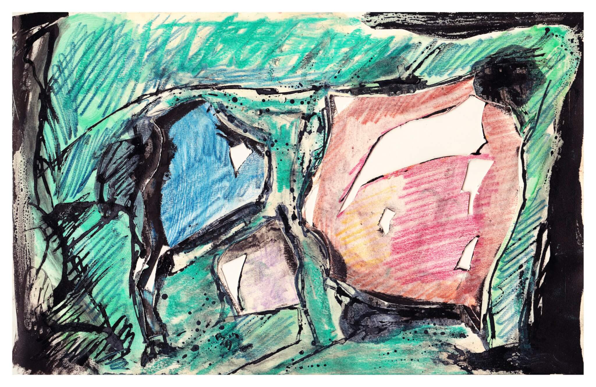 Jean Paul Riopelle, Projet de décors pour le chorégraphie Merce Cunningham de 1967 dans un carnet de dessin Collection particulière © ADAGP, Paris, 2023
