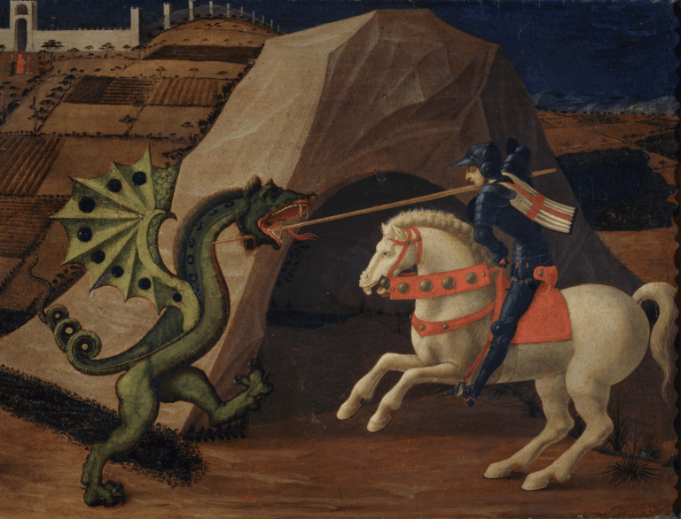Paolo Uccello, Saint Georges combattant le dragon vers 1440, tempera sur panneaux de bois, 103 × 131 cm © RMN Gran Palais, Agence Bulloz
